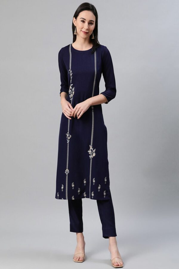 Blue Color Foil Print Straight Kurta