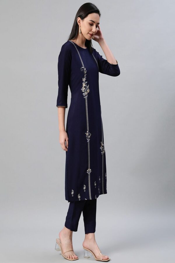 Blue Color Foil Print Straight Kurta - Image 2