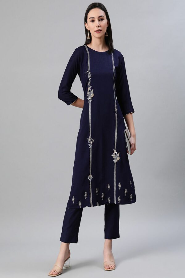 Blue Color Foil Print Straight Kurta - Image 5