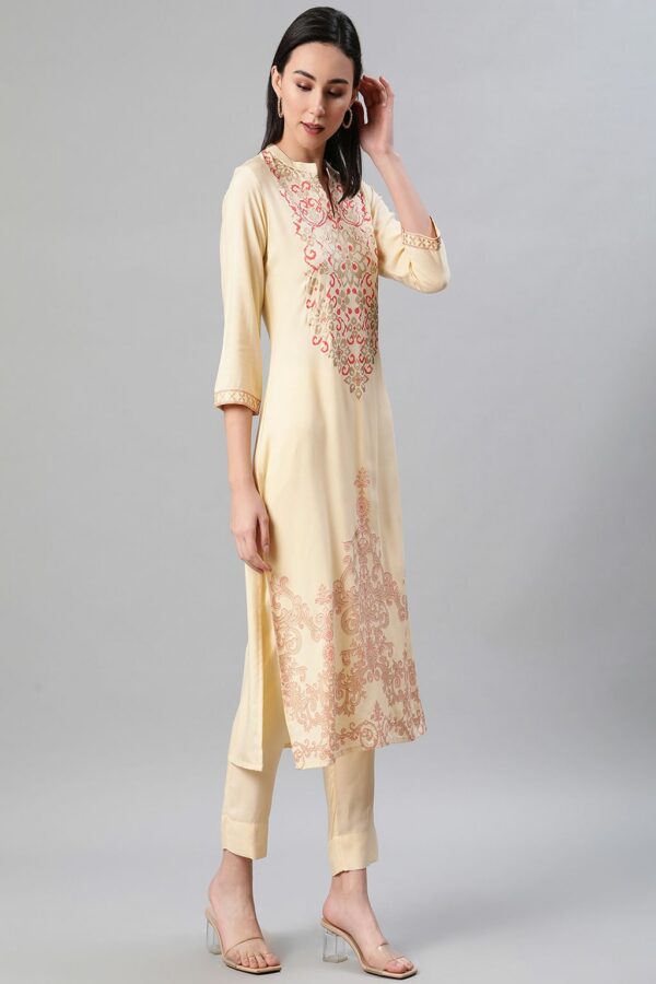 Cream Color Foil Print Straight Kurta And Pant Set - Image 2