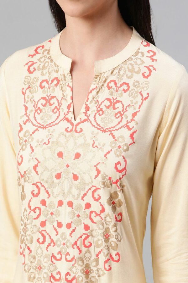 Cream Color Foil Print Straight Kurta And Pant Set - Image 4