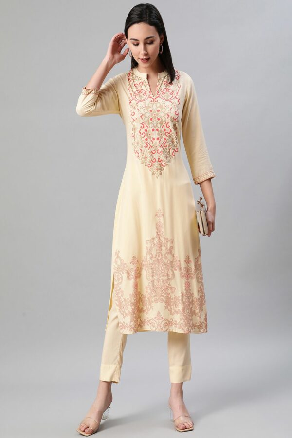 Cream Color Foil Print Straight Kurta And Pant Set - Image 5