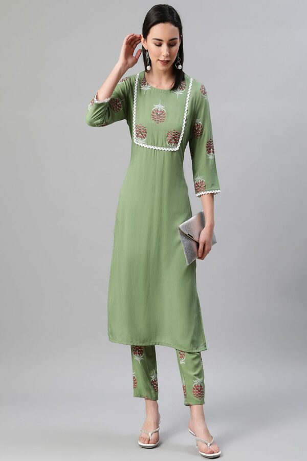 Green Color Khari Print Straight Kurta - Image 5