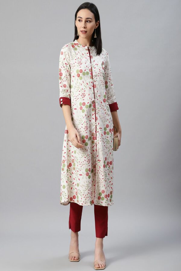 Cream Color Foil Print Flared Kurta And Pant Set - Image 5