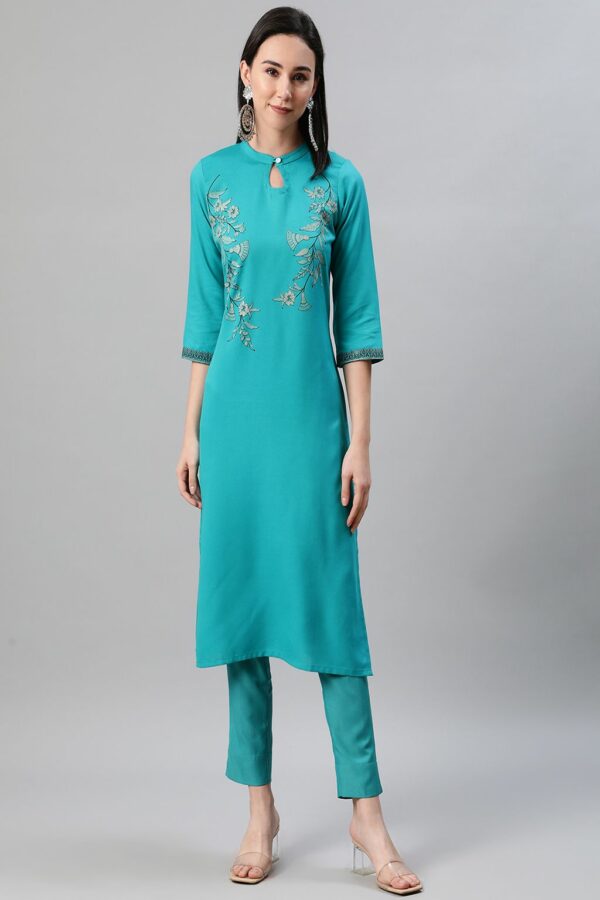 Turquoise Blue Color Foil Print Straight Kurta And Pant Set