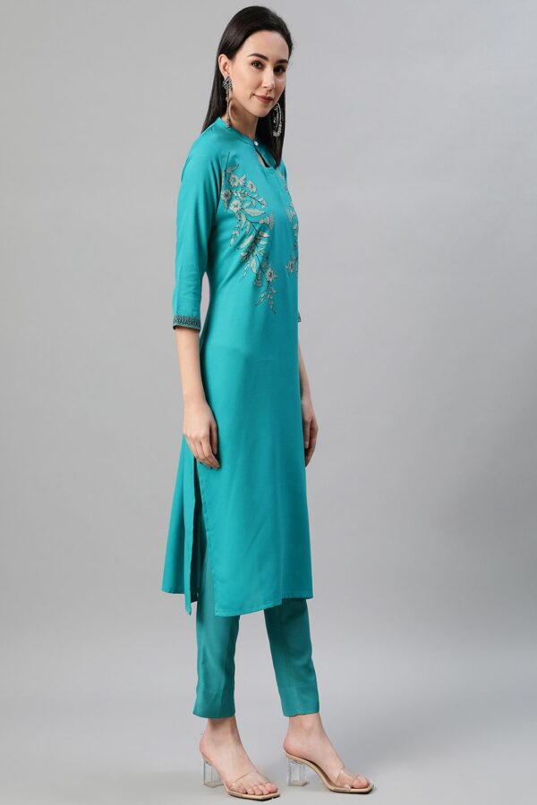 Turquoise Blue Color Foil Print Straight Kurta And Pant Set - Image 2