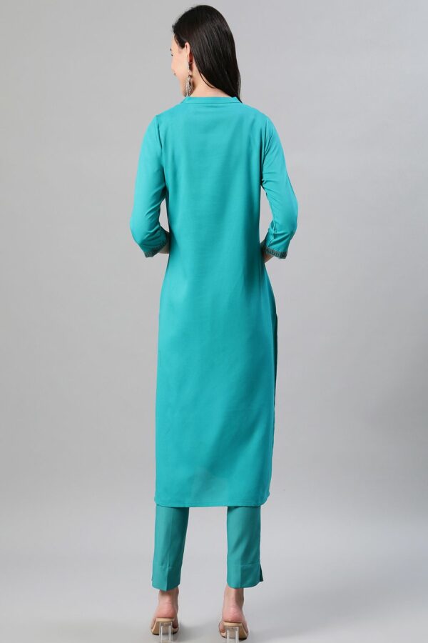 Turquoise Blue Color Foil Print Straight Kurta And Pant Set - Image 3