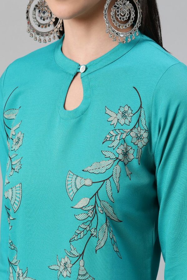 Turquoise Blue Color Foil Print Straight Kurta And Pant Set - Image 4