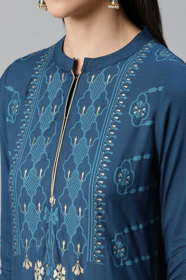 Teal Color Foil Print Straight Kurta - Image 4