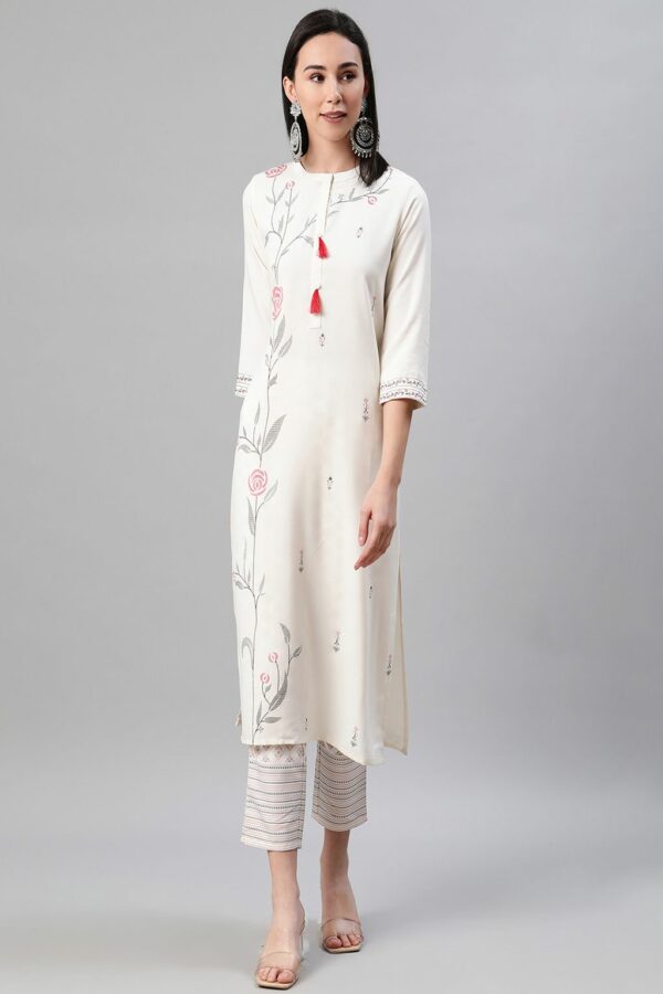 Cream Color Foil Print Straight Kurta And Pant Set