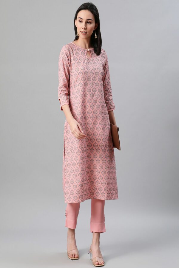 Peach Color Foil Print Straight Kurta And Pant Set - Image 5