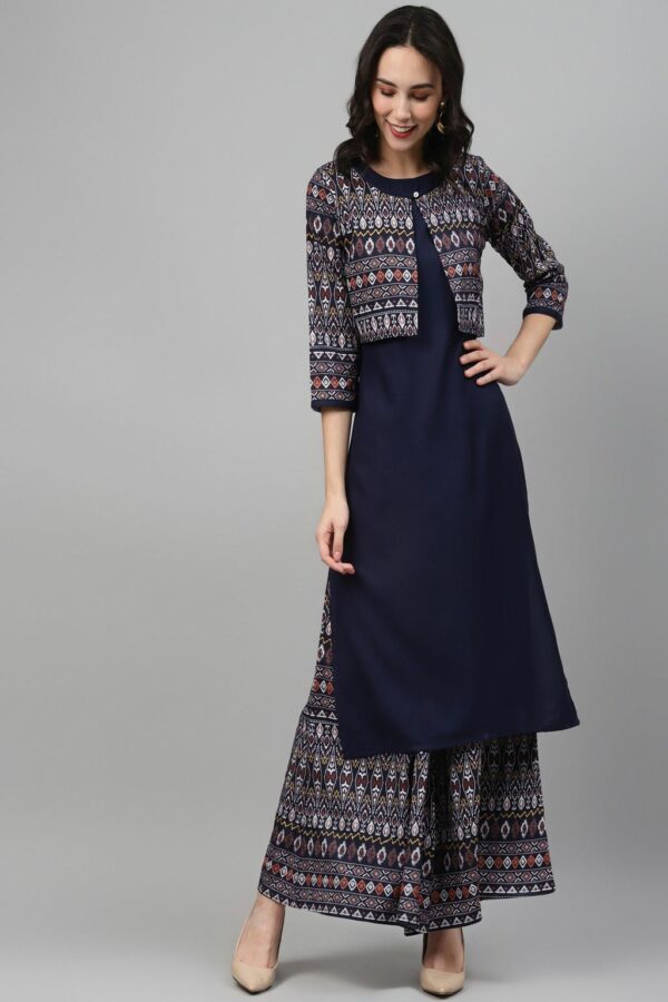 Navy Blue Color Screen Print Straight Kurta And Palazzo Set