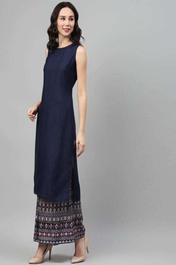 Navy Blue Color Screen Print Straight Kurta And Palazzo Set - Image 2