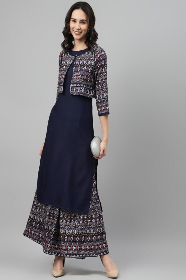 Navy Blue Color Screen Print Straight Kurta And Palazzo Set - Image 5