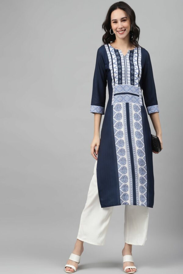 Navy Blue Color Screen Print Straight Kurta And Palazzo Set - Image 5