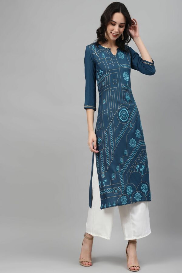 Teal Color Foil Print Straight Kurta And Palazzo Set