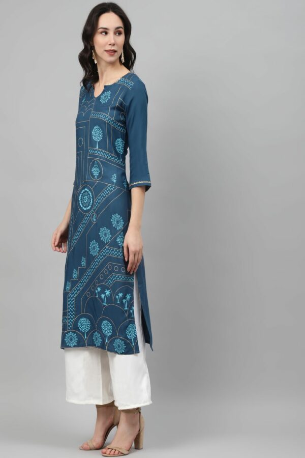 Teal Color Foil Print Straight Kurta And Palazzo Set - Image 2