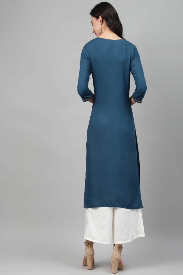 Teal Color Foil Print Straight Kurta And Palazzo Set - Image 3