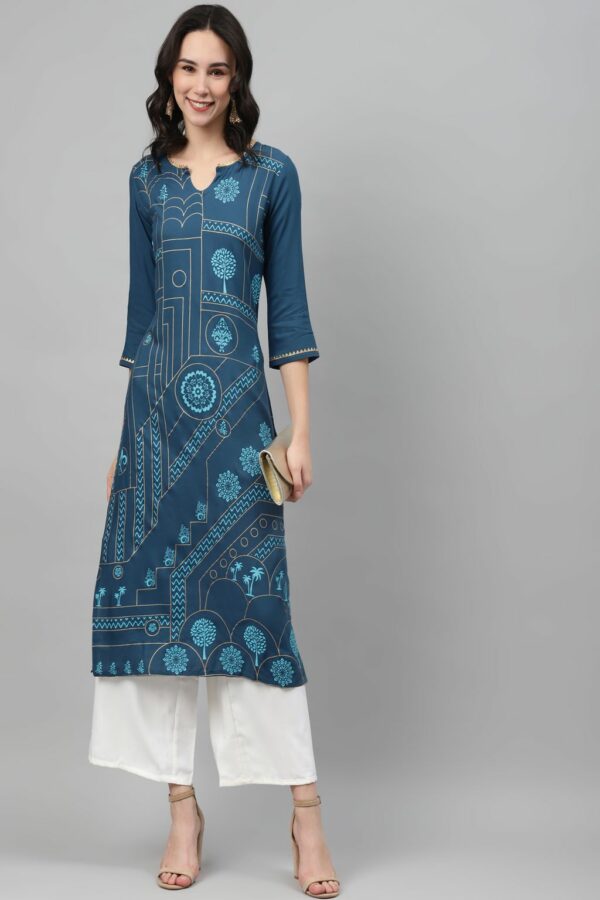 Teal Color Foil Print Straight Kurta And Palazzo Set - Image 5