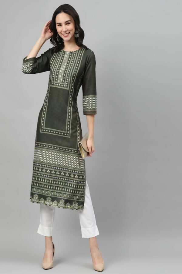 Olive Color Screen Print Straight Kurta And Pant Set - Image 5