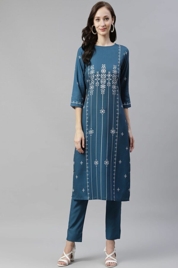 Teal Blue Color Digital Printed Straight Kurta