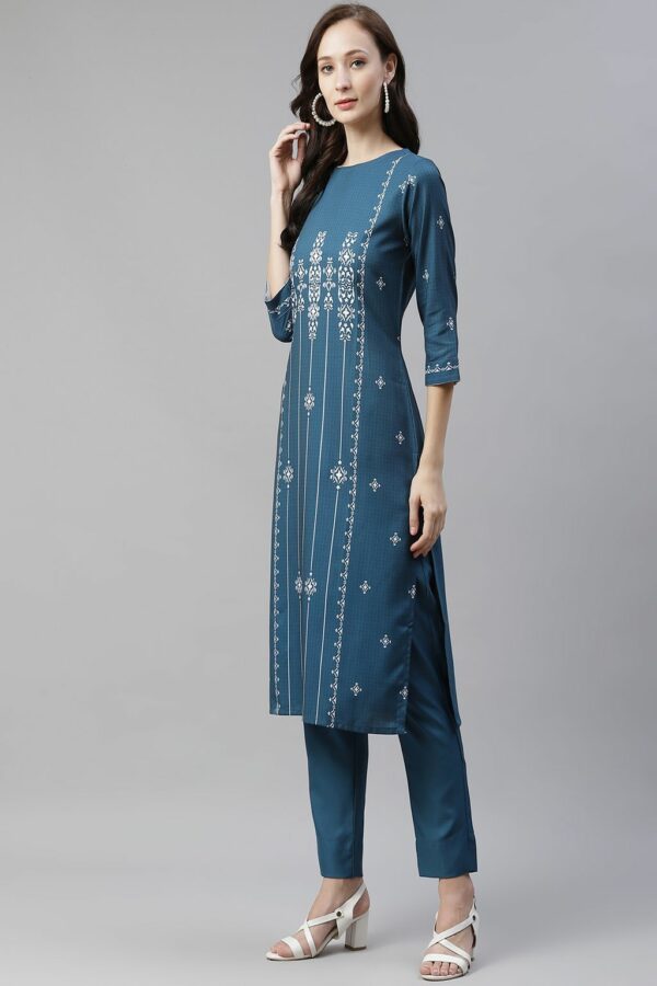 Teal Blue Color Digital Printed Straight Kurta - Image 2