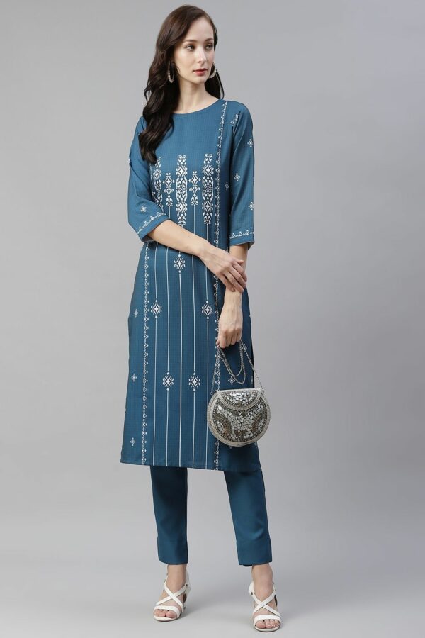 Teal Blue Color Digital Printed Straight Kurta - Image 5