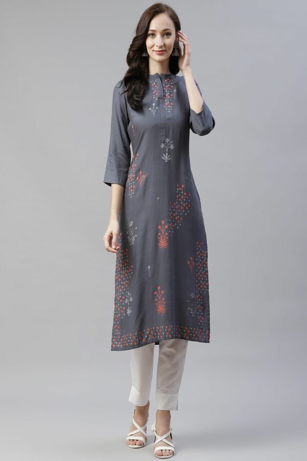 Grey Color Foil Printed Straight Kurta And Pant Set