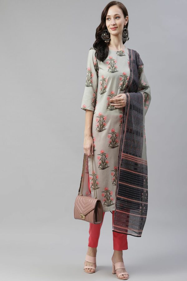 Grey Color Digital Printed Straight Kurta,Pant And Dupatta Set - Image 5