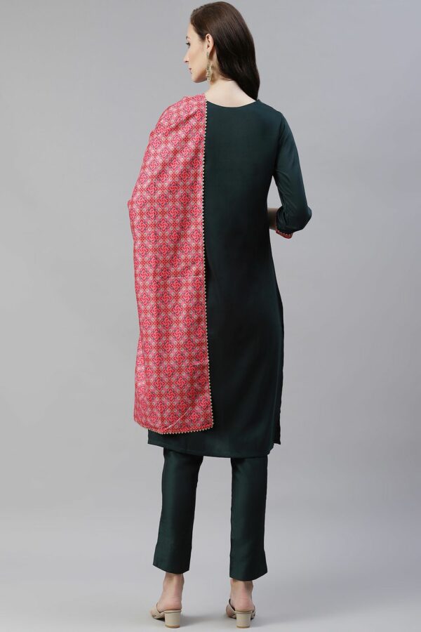 Dark Green Color Dyed Straight Kurta,Pant And Dupatta Set - Image 3