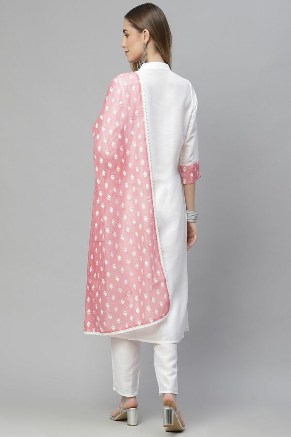 White Color Solid Straight Kurta,Pant And Dupatta Set - Image 3