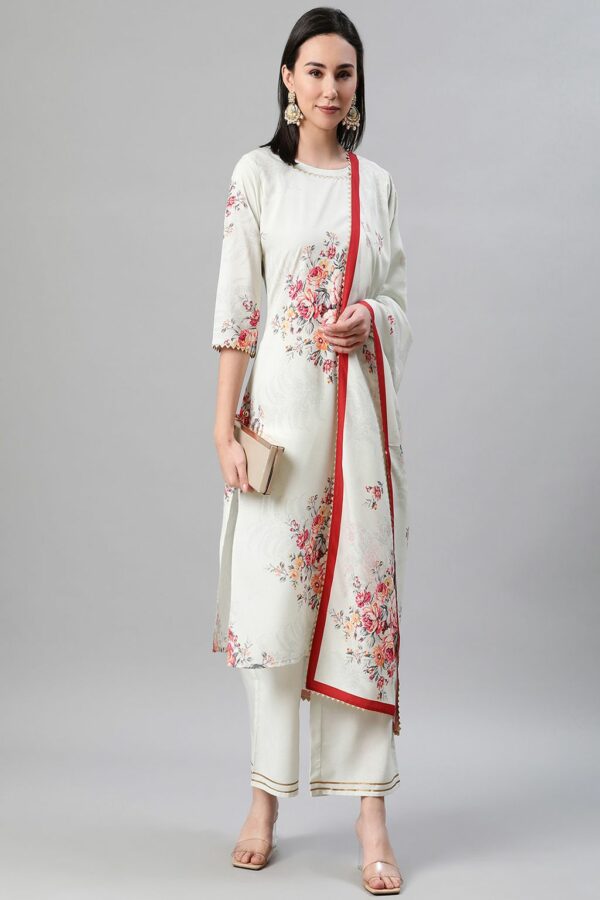 Cream Color Screen Print Straight Kurta,Palazzo And Dupatta Set - Image 5