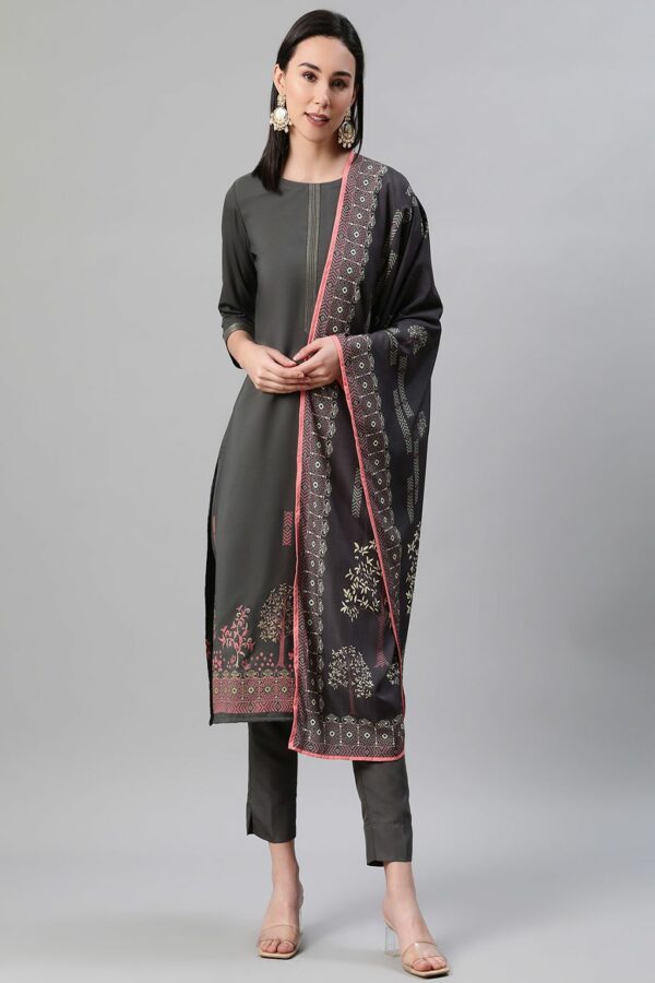 Grey Color Foil Print Straight Kurta,Pant And Dupatta Set