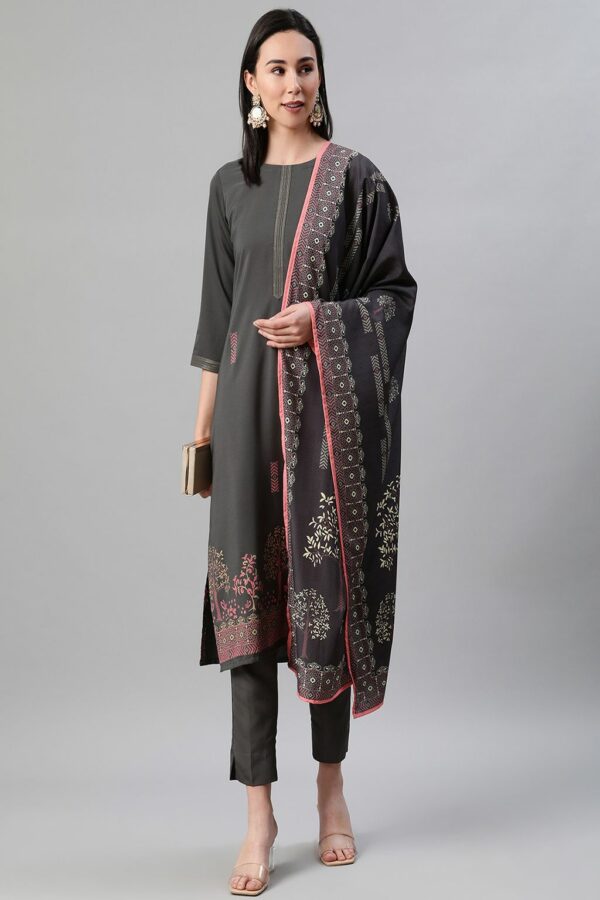 Grey Color Foil Print Straight Kurta,Pant And Dupatta Set - Image 5