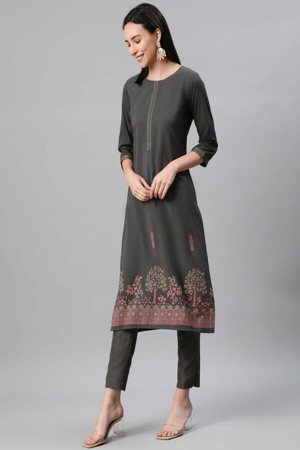 Grey Color Foil Print Straight Kurta,Pant And Dupatta Set - Image 8