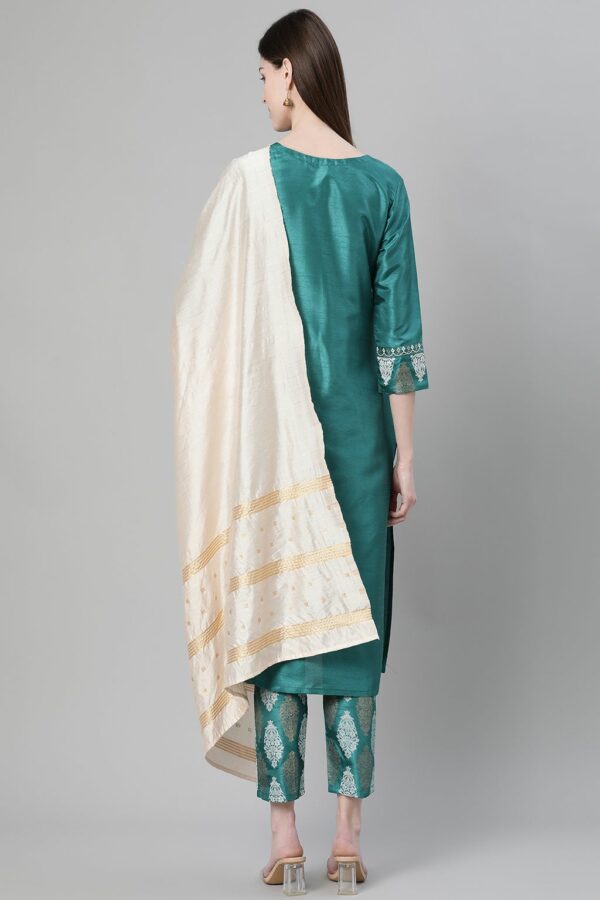 Green Color Foil Print Straight Kurta Pant And Dupatta Set - Image 3