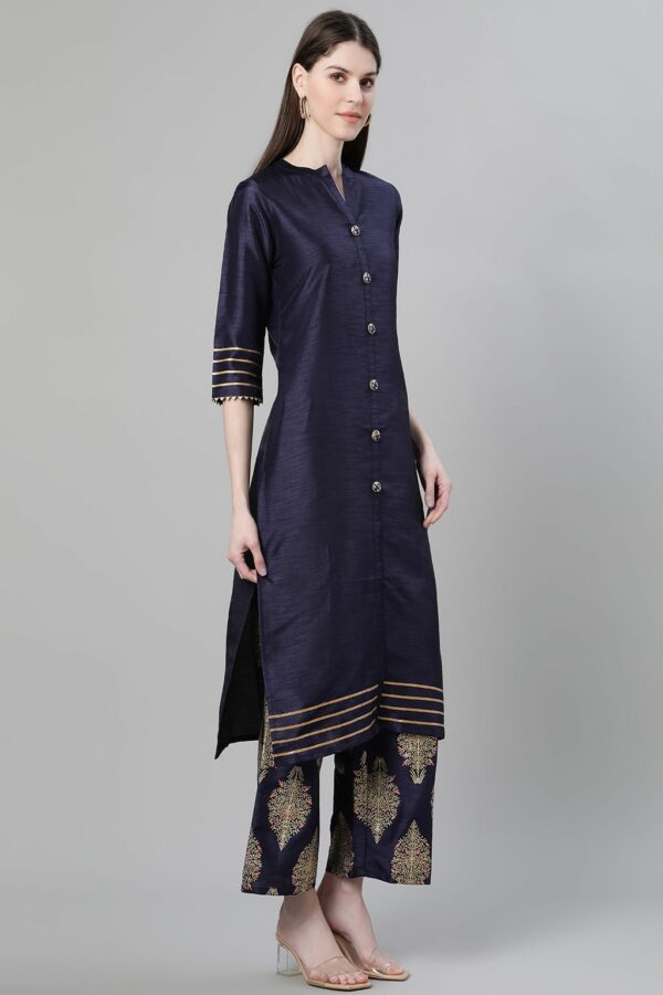 Navy Blue Color Dyed Print Straight Kurta Palazzo And Dupatta Set - Image 2