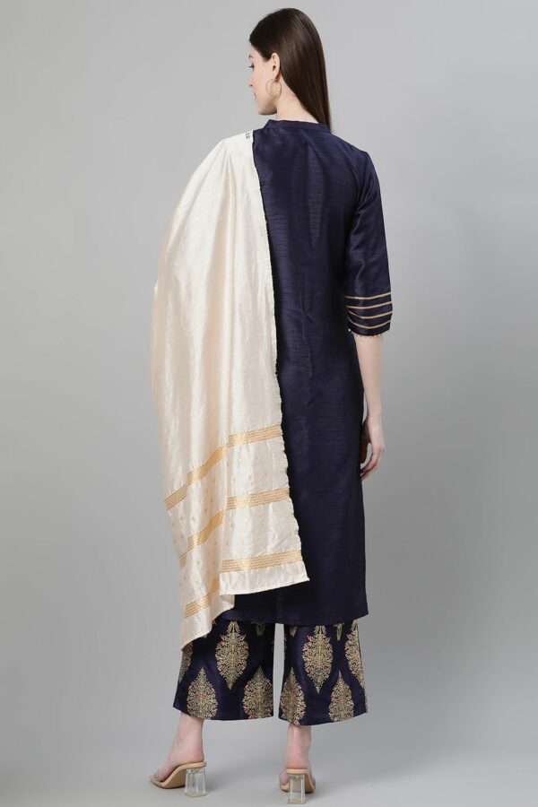 Navy Blue Color Dyed Print Straight Kurta Palazzo And Dupatta Set - Image 3