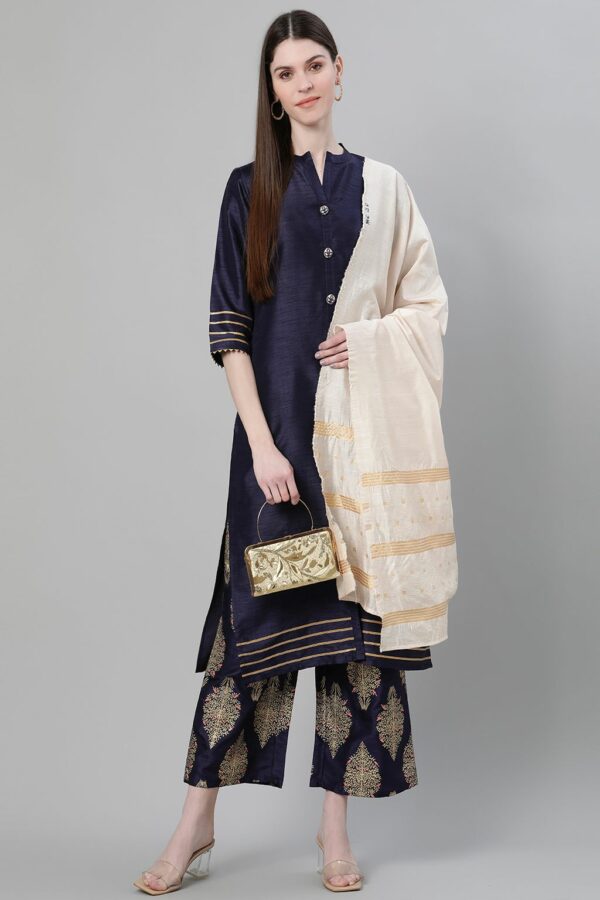 Navy Blue Color Dyed Print Straight Kurta Palazzo And Dupatta Set - Image 5