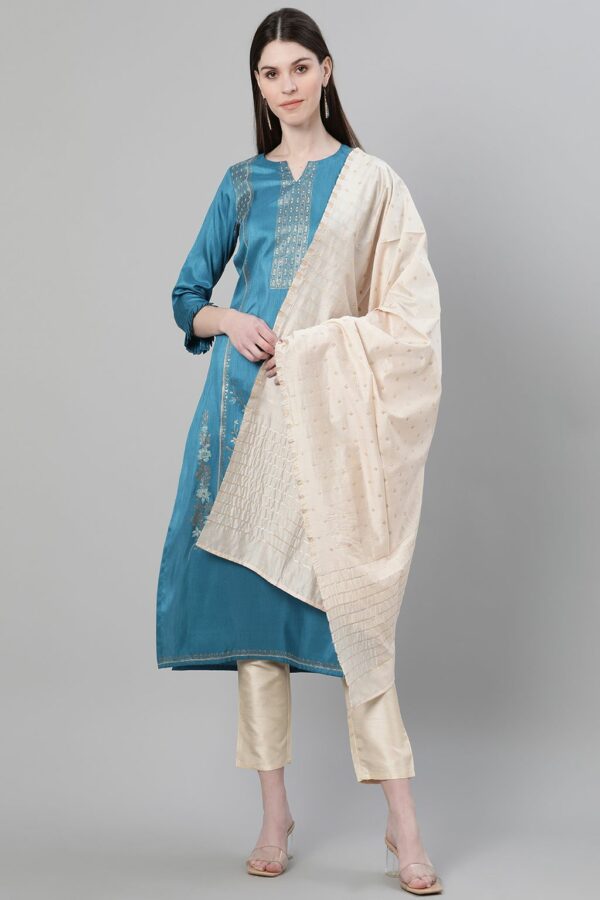 Blue Color Foil Print Straight Kurta Pant And Dupatta Set