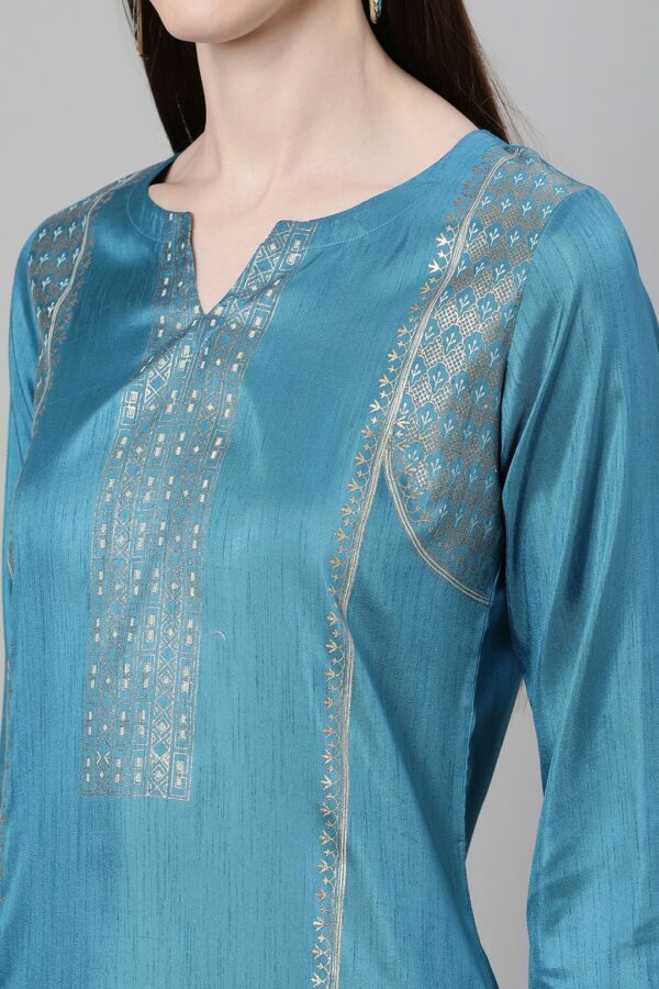 Blue Color Foil Print Straight Kurta Pant And Dupatta Set - Image 4