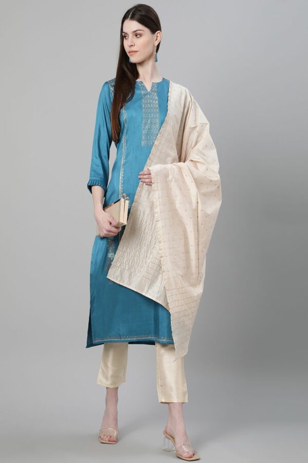 Blue Color Foil Print Straight Kurta Pant And Dupatta Set - Image 5