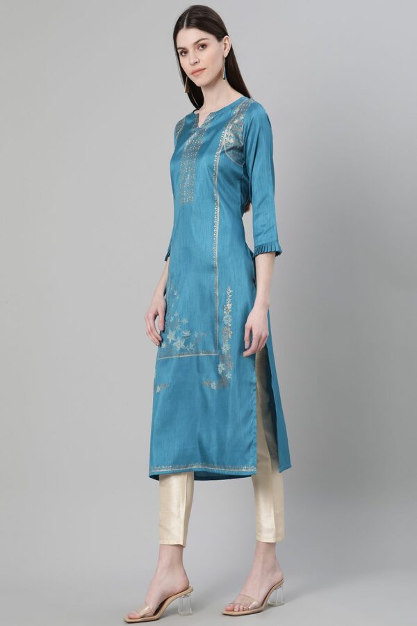 Blue Color Foil Print Straight Kurta Pant And Dupatta Set - Image 7