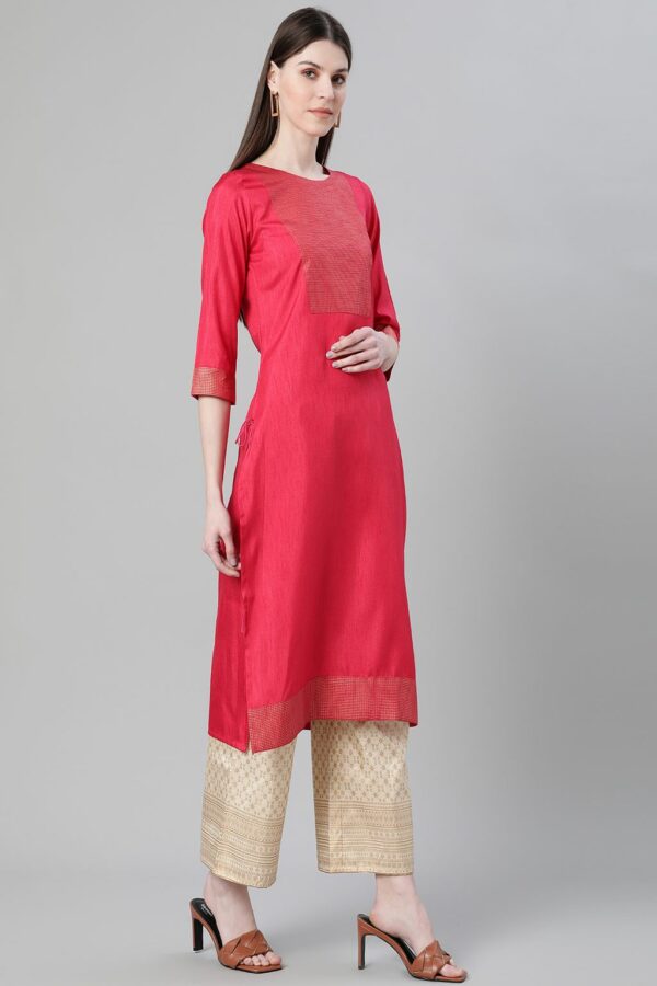 Red Color Foil Print Straight Kurta Palazzo And Dupatta Set - Image 2