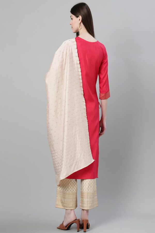 Red Color Foil Print Straight Kurta Palazzo And Dupatta Set - Image 3