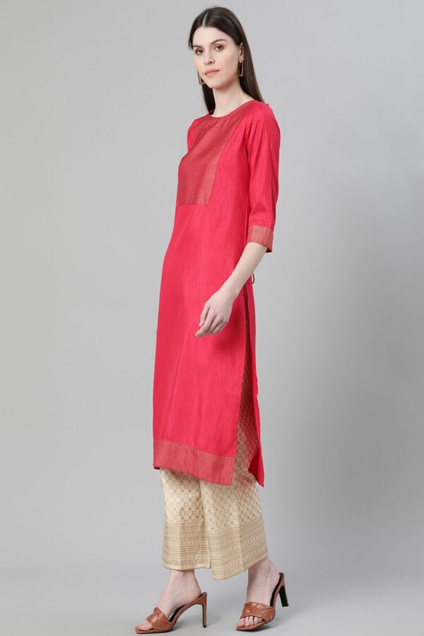 Red Color Foil Print Straight Kurta Palazzo And Dupatta Set - Image 7