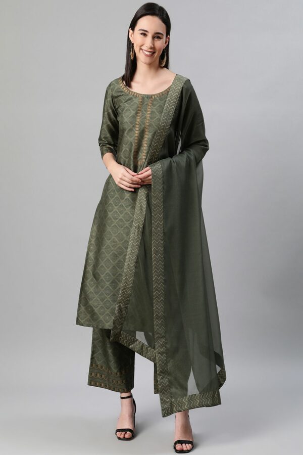 Green Color Foil Print Straight Kurta,Palazzo And Dupatta Set