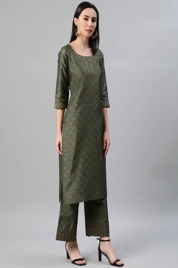 Green Color Foil Print Straight Kurta,Palazzo And Dupatta Set - Image 2