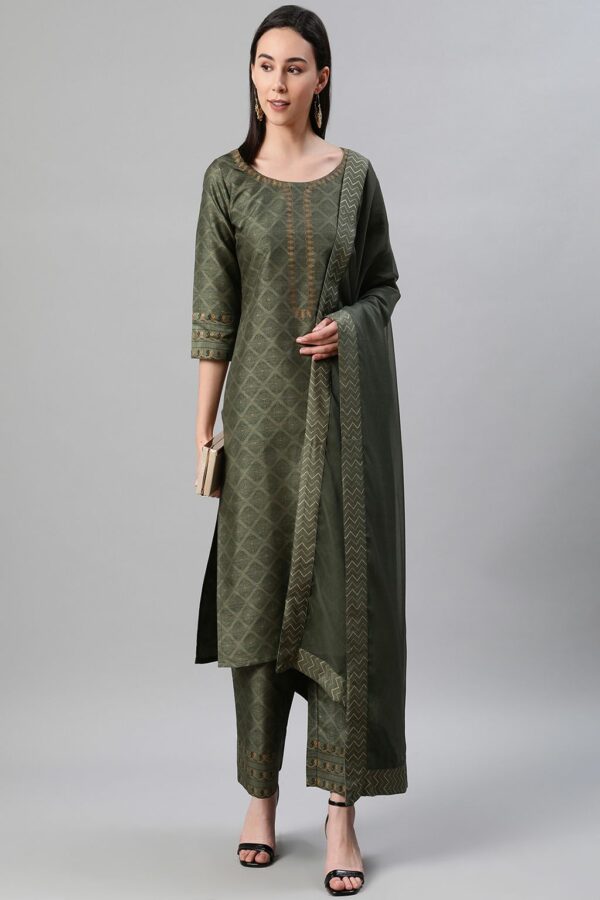 Green Color Foil Print Straight Kurta,Palazzo And Dupatta Set - Image 5