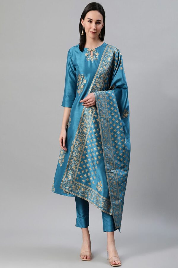 Blue Color Foil Print Flared Kurta,Pant And Dupatta Set